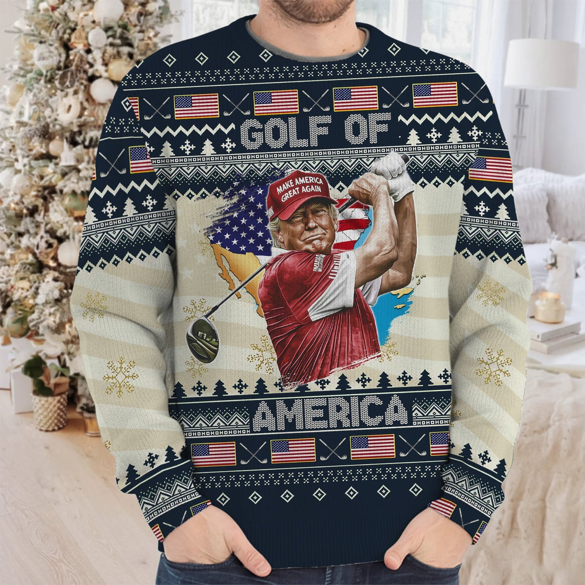 Trump Golf Of America Christmas Golf Shirt Christmas Golf Ugly Sweater, Funny Ugly Sweater, Golf Christmas Sweater
