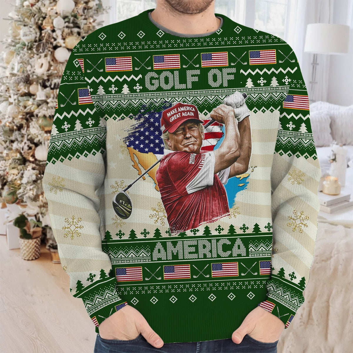 Trump Golf Of America Christmas Golf Shirt. Golf Ugly Sweater, Golf Sweater, Christmas Golf Gift