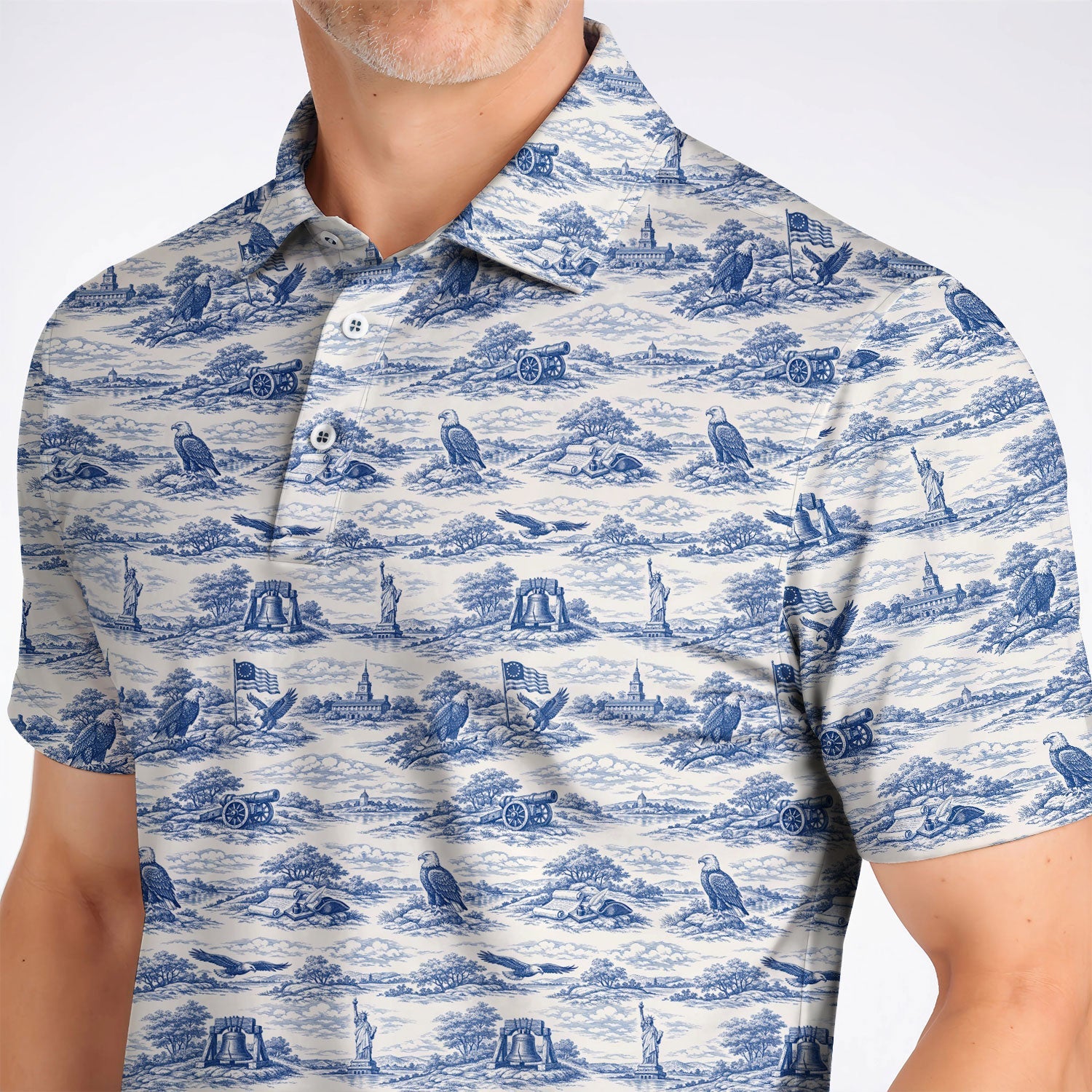 America 250th Patriotic Golf Polos, USA Toile De Jouy Pattern Golf Shirt For Golfer, Crazy Golf Shirt
