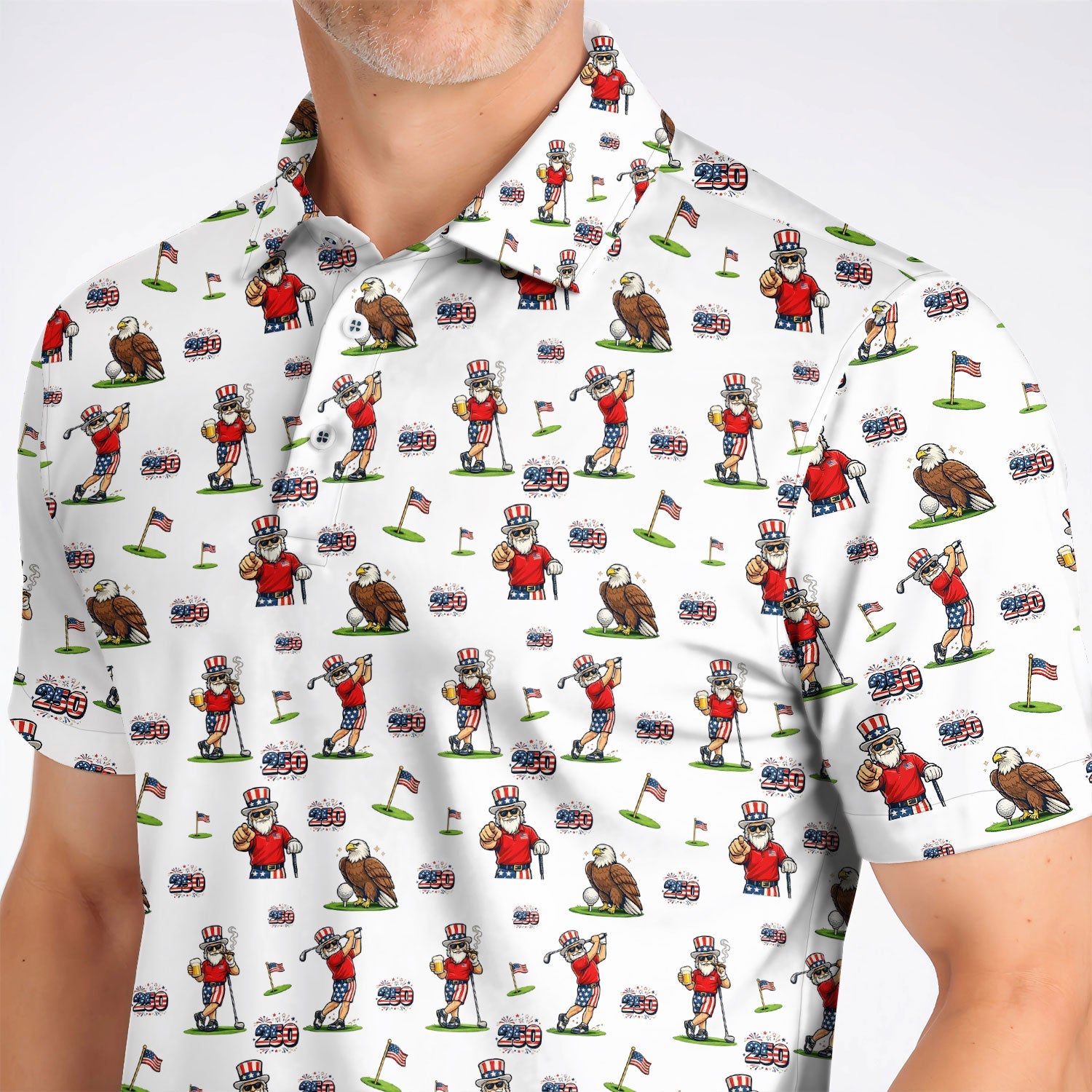 Funny USA Patriotic Golf Polos, USA Patriotic 250th Anniversary Pattern Golf Shirt, Golf Gift For Golfer