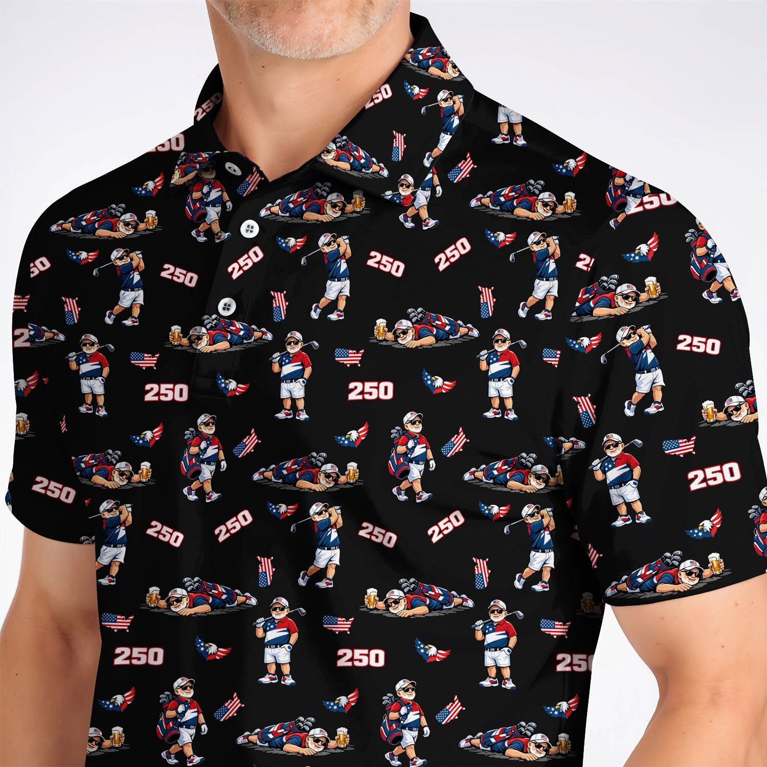 Funny Patriotic USA And Beer Pattern Golf Polos, America 250th Golf Shirt, Golf Gift For Golfer