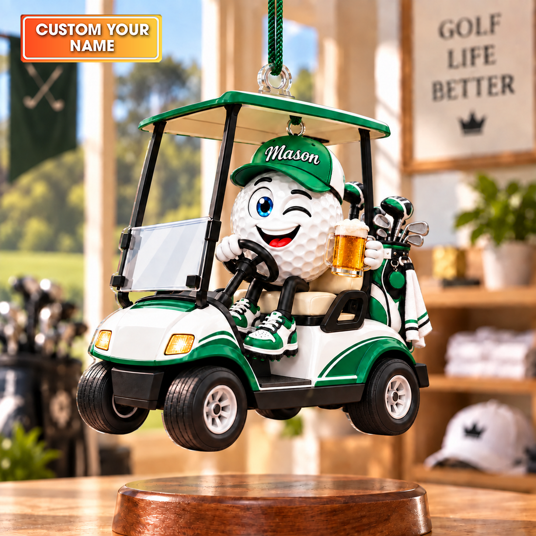 Custom Name Golf Ball Beer Cart Acrylic Ornament, Personalized Golf Gifts, Xmas Ornaments