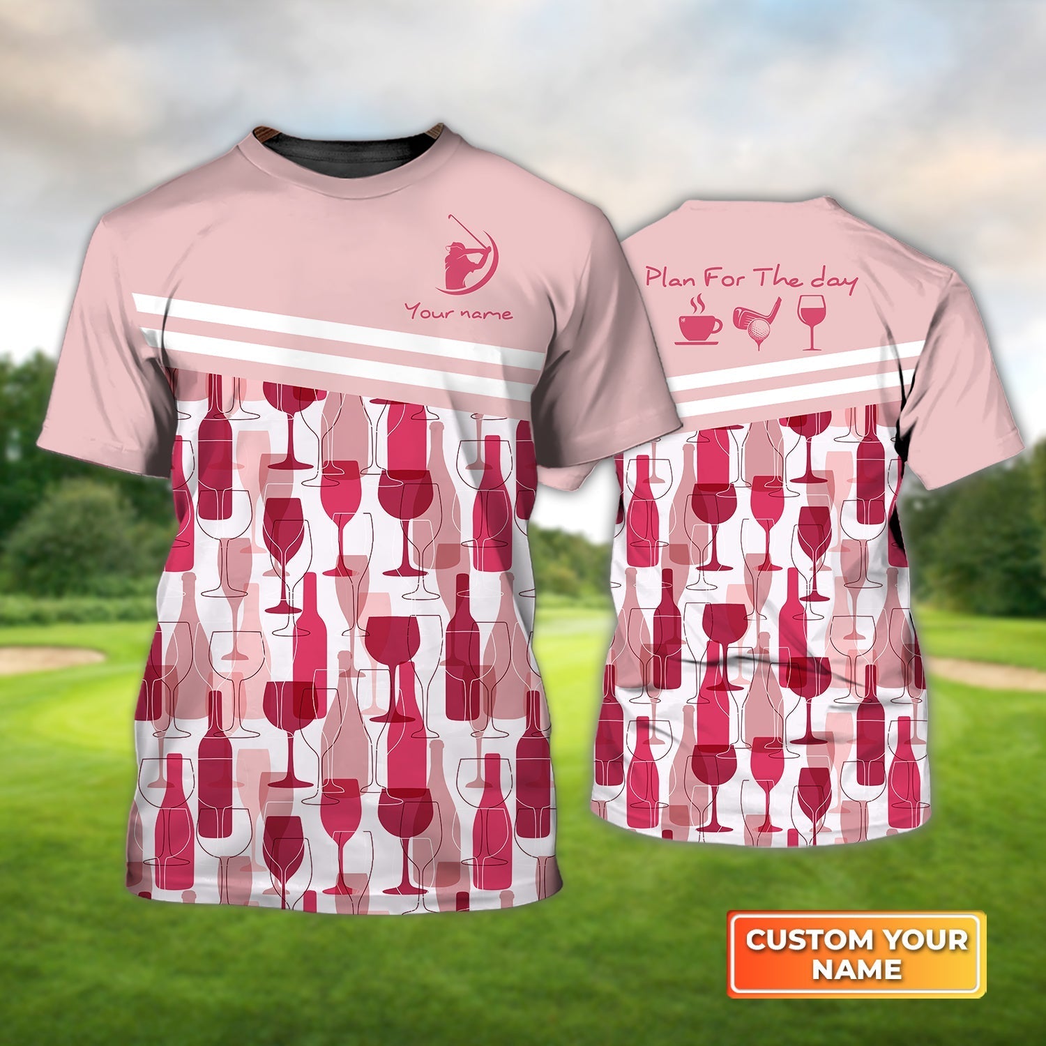 Plan For The Day Coffee Golf Wine Seamless Pattern - Personalized Name 3D Tshirt Gift For Golfer