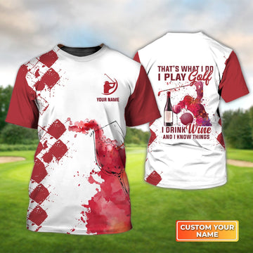 Play Golf Drink Wine Know Things Argyle Burgundy Watercolor - Personalized Name 3D Tshirt Gift For Golfer