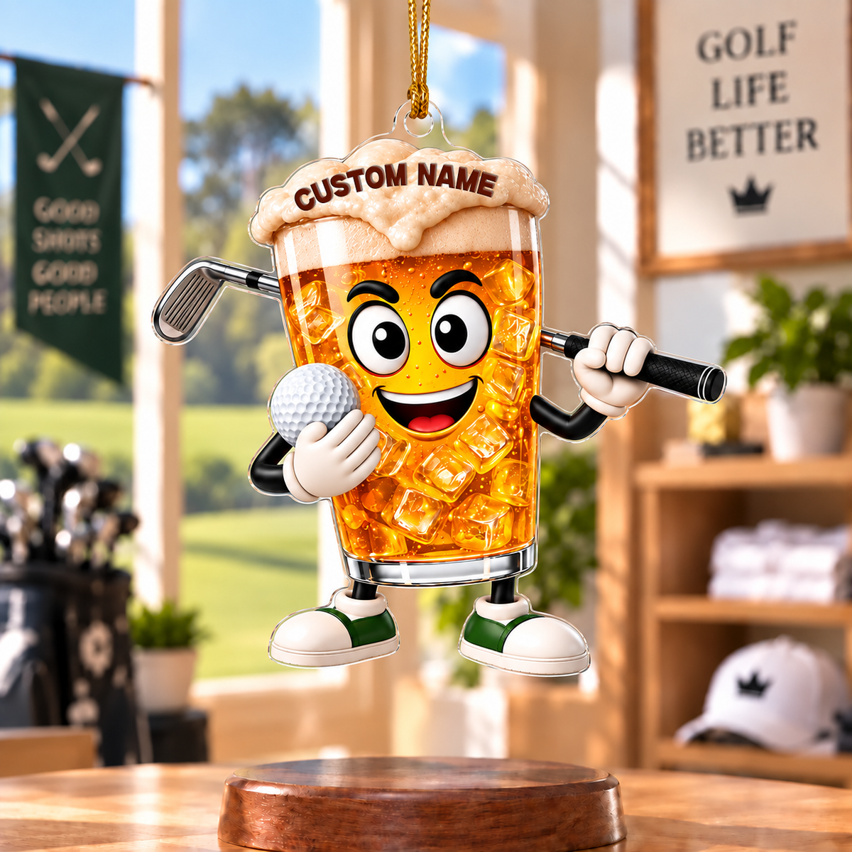 Custom Name Beer Glass Golf Acrylic Ornament, Gifts For Golfers, Christmas Tree Decor