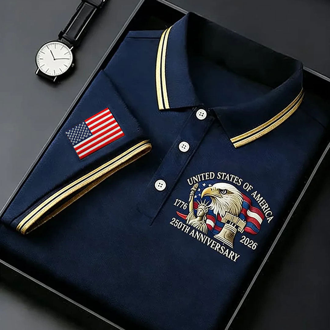 Bald Eagle American Flag 250 Years Navy Golf Shirt, Patriotic 4th Of July Golf Shirt For Women