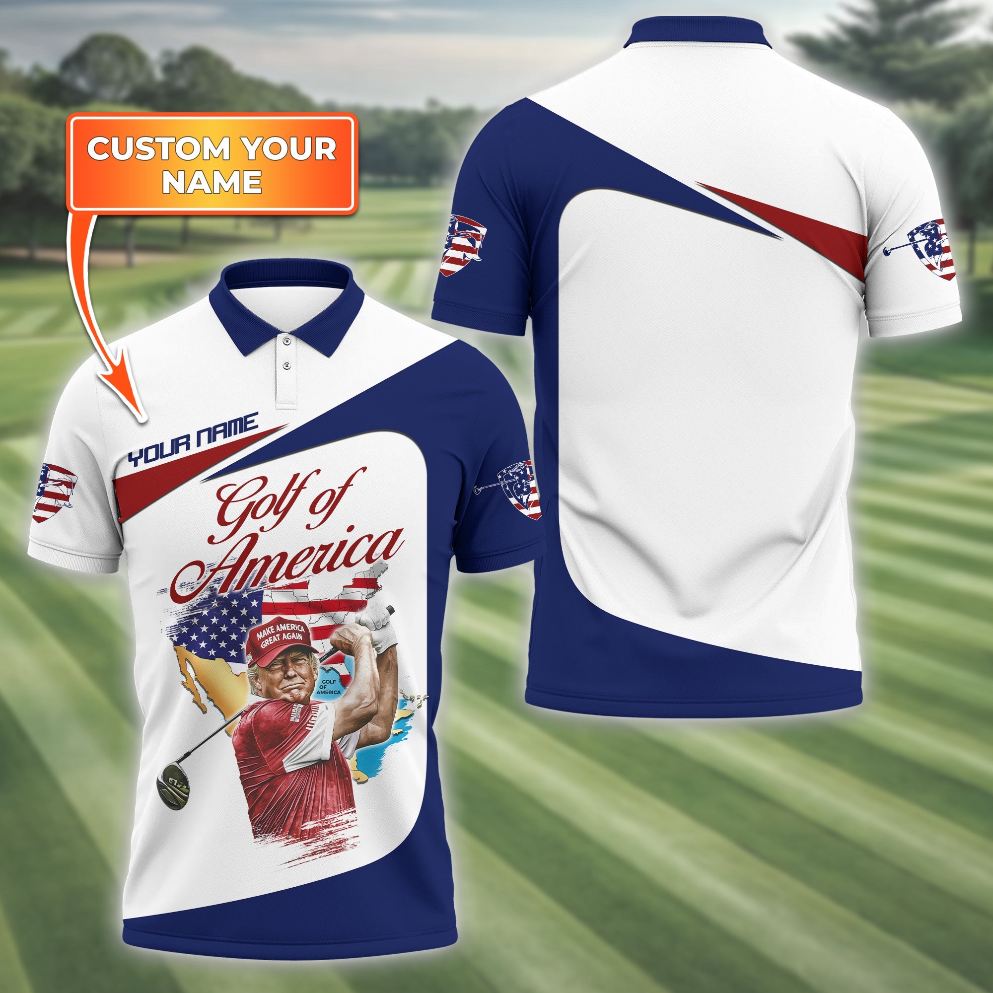 Trump Golf Of America Custom Men's Golf Polo Shirt, Golfing Apparel, Gift For Golfers, US 250th Anniversary Golf Shirt
