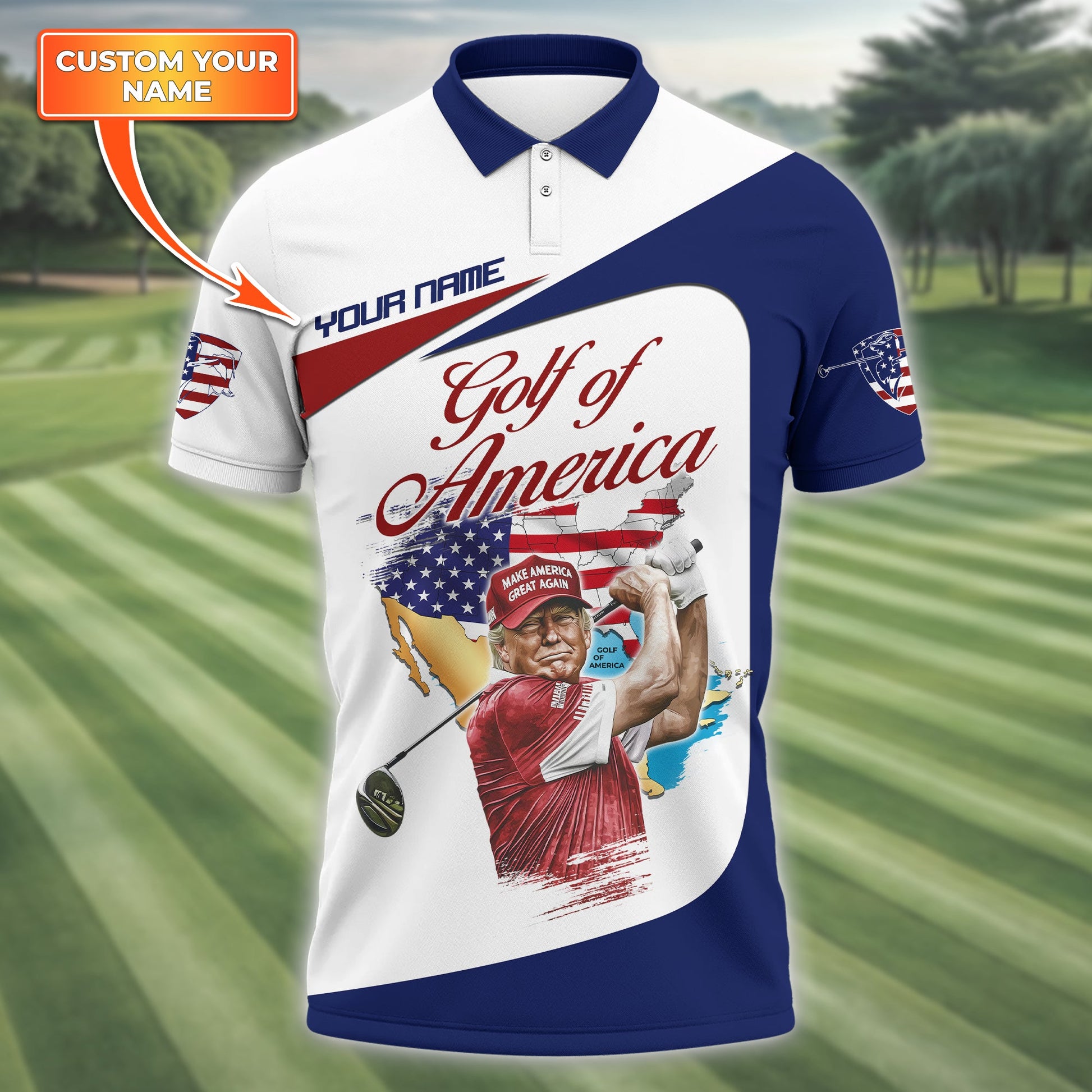 Trump Golf Of America Custom Men's Golf Polo Shirt, Golfing Apparel, Gift For Golfers, US 250th Anniversary Golf Shirt