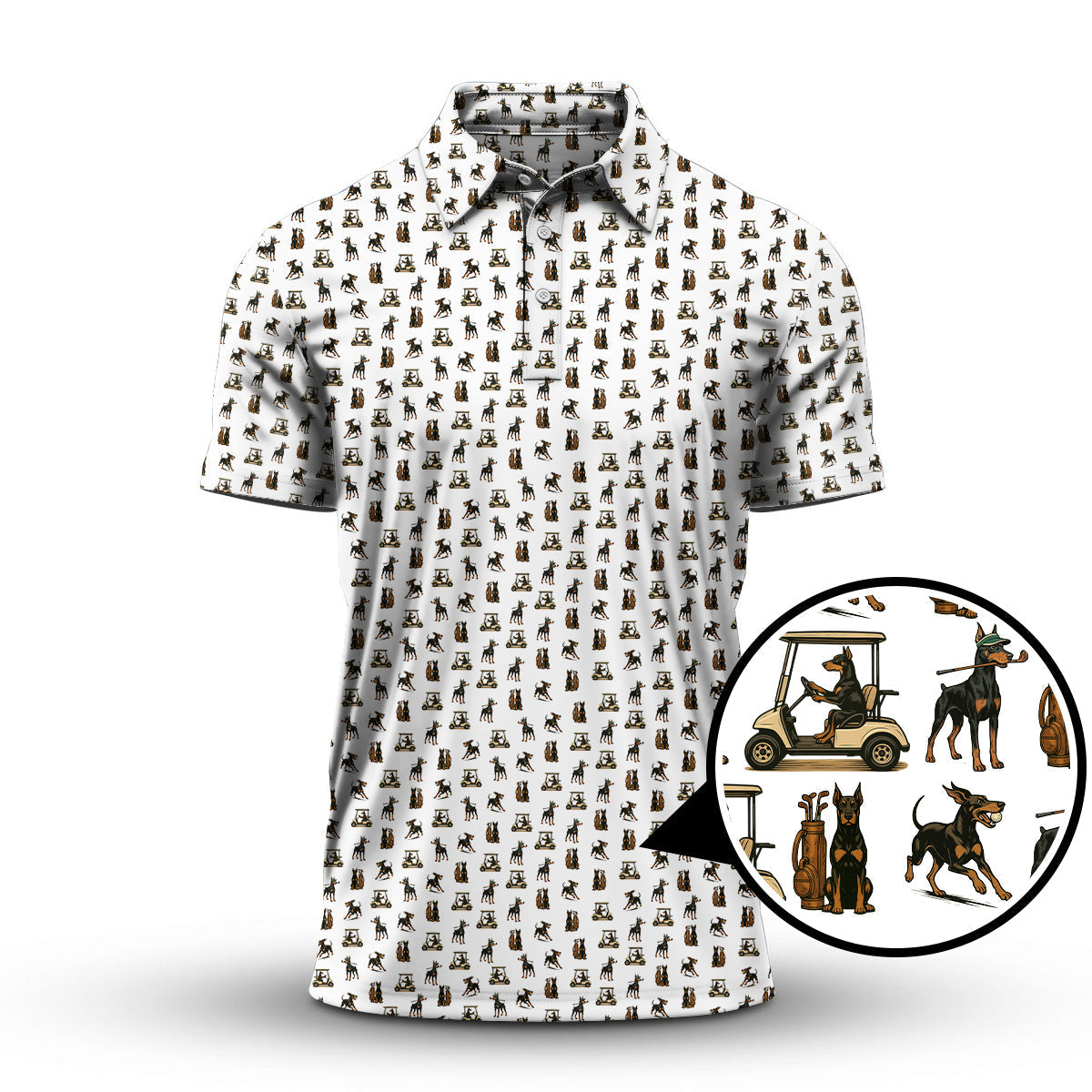 Doberman Pattern Golf Polos, Dog Golf Shirt For Golfers, Crazy Golf Shirts