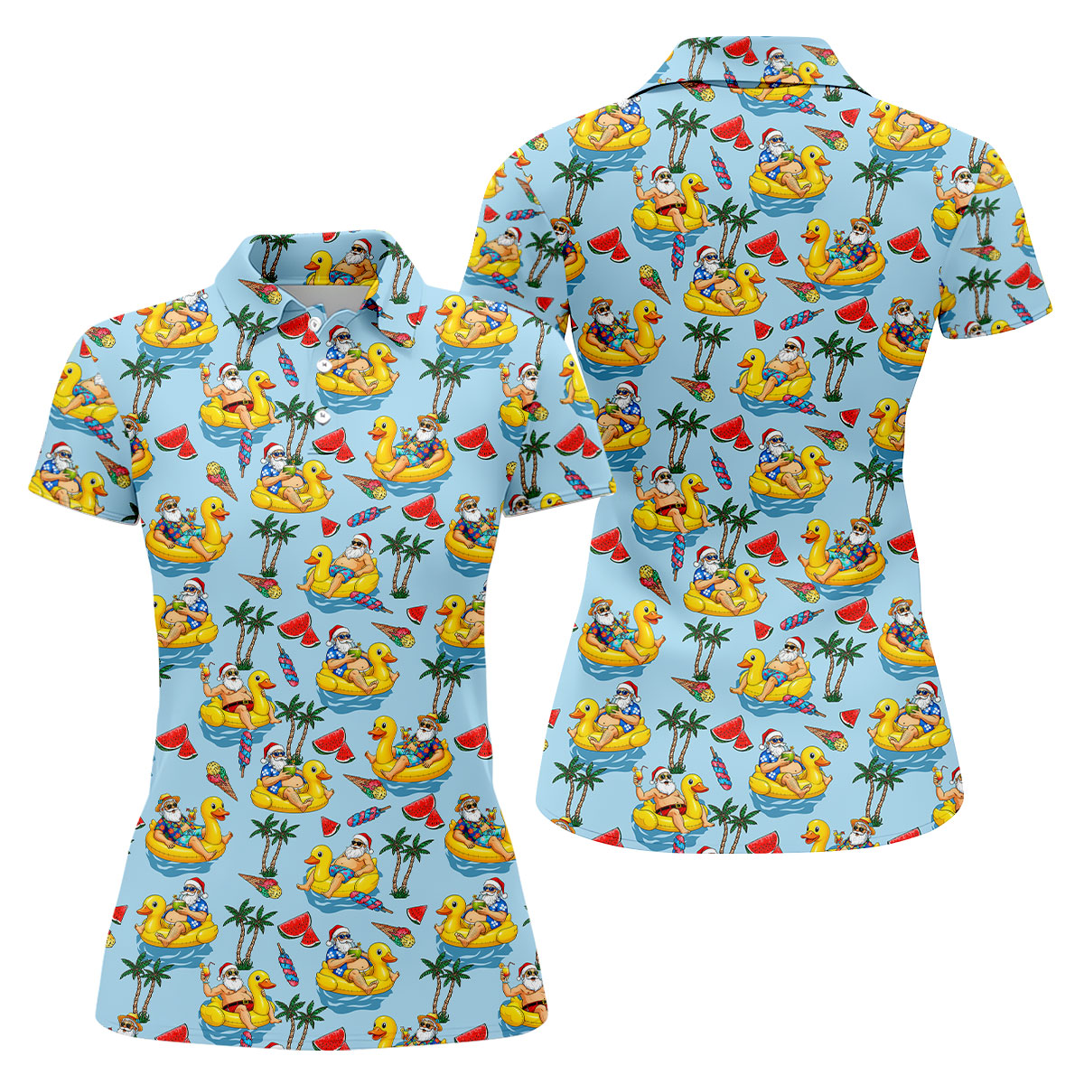 Women's Santa Duck Pool Float Hawaiian Golf Shirt, Christmas Golf Shirt, Women’s Golf Polo