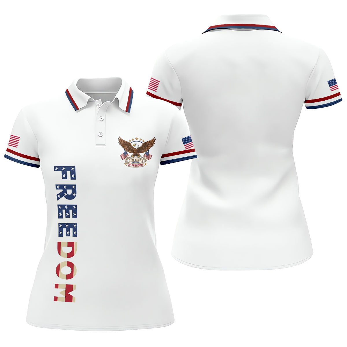 250 Years Of Freedom US Flag Logo White Golf Shirt, Patriotic 4th Of July Golf Shirt For Women