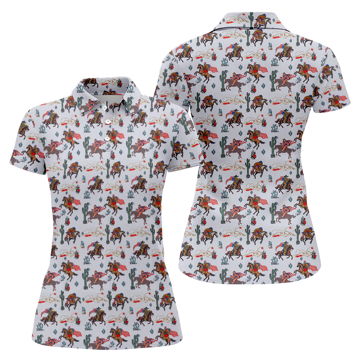 Patriotic Cowboy Horse Pattern Golf Polo Shirt, Ladies Golf Shirts, Women's Golf Polo