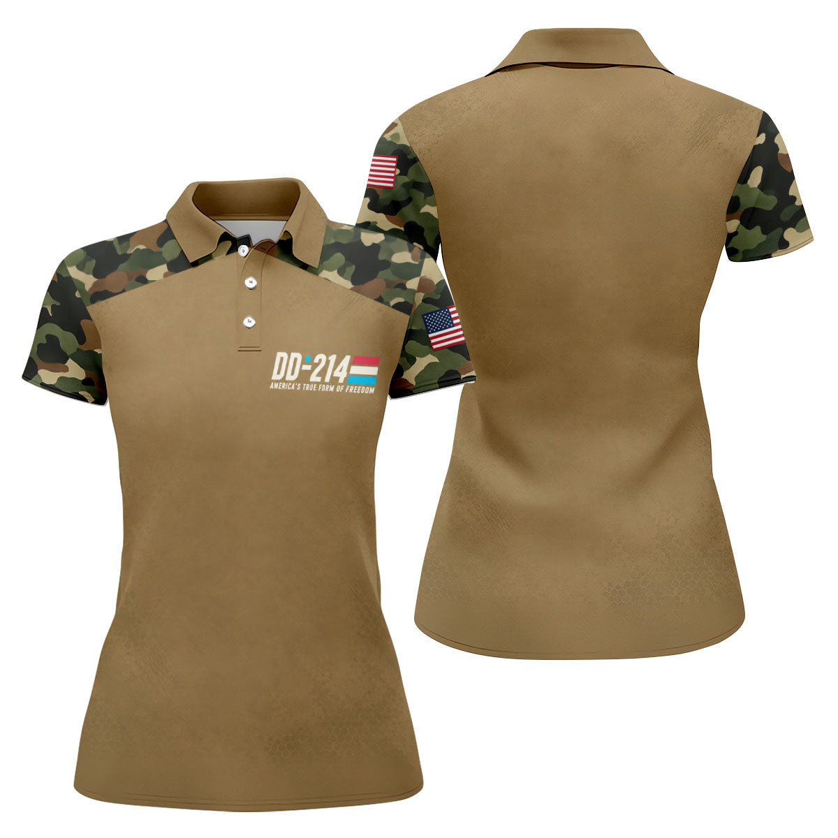 DD-214 Tan Camo Freedom Polo Shirt, Golf Tops For Women, Veterans Day Golf Shirt