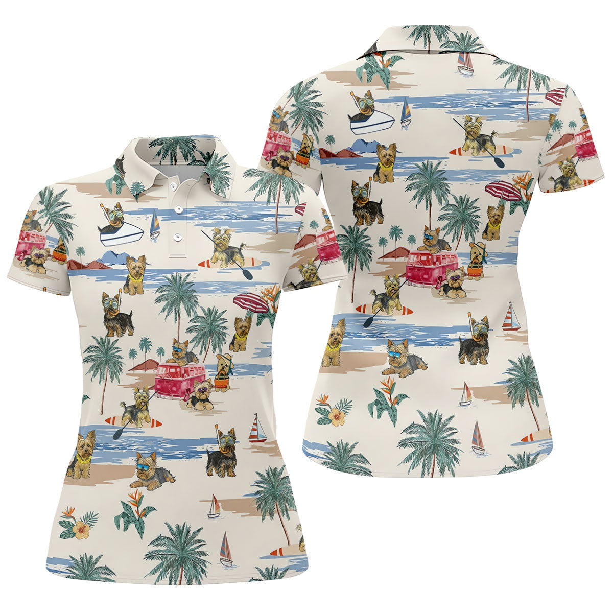 Cute Yorkshire Terrier Beach Vacation Golf Polo Shirt, Golf Shirts For Women, Women's Golf Apparel