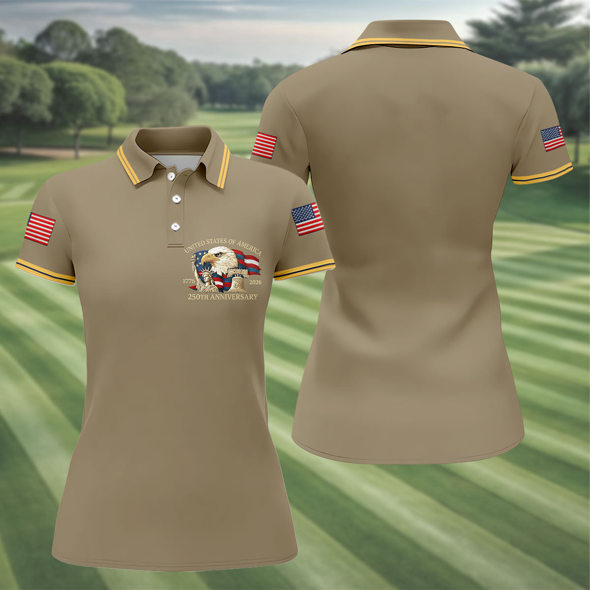 Bald Eagle American Flag 250 Years Sand Golf Shirt, Patriotic 4th Of July Golf Shirt For Women