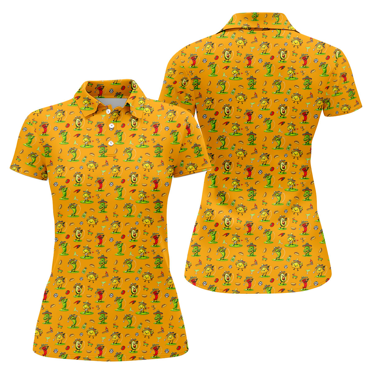 Mexican Cartoon Food Characters Cinco De Mayo Celebration Fiesta Themed Orange Golf Shirt For Women