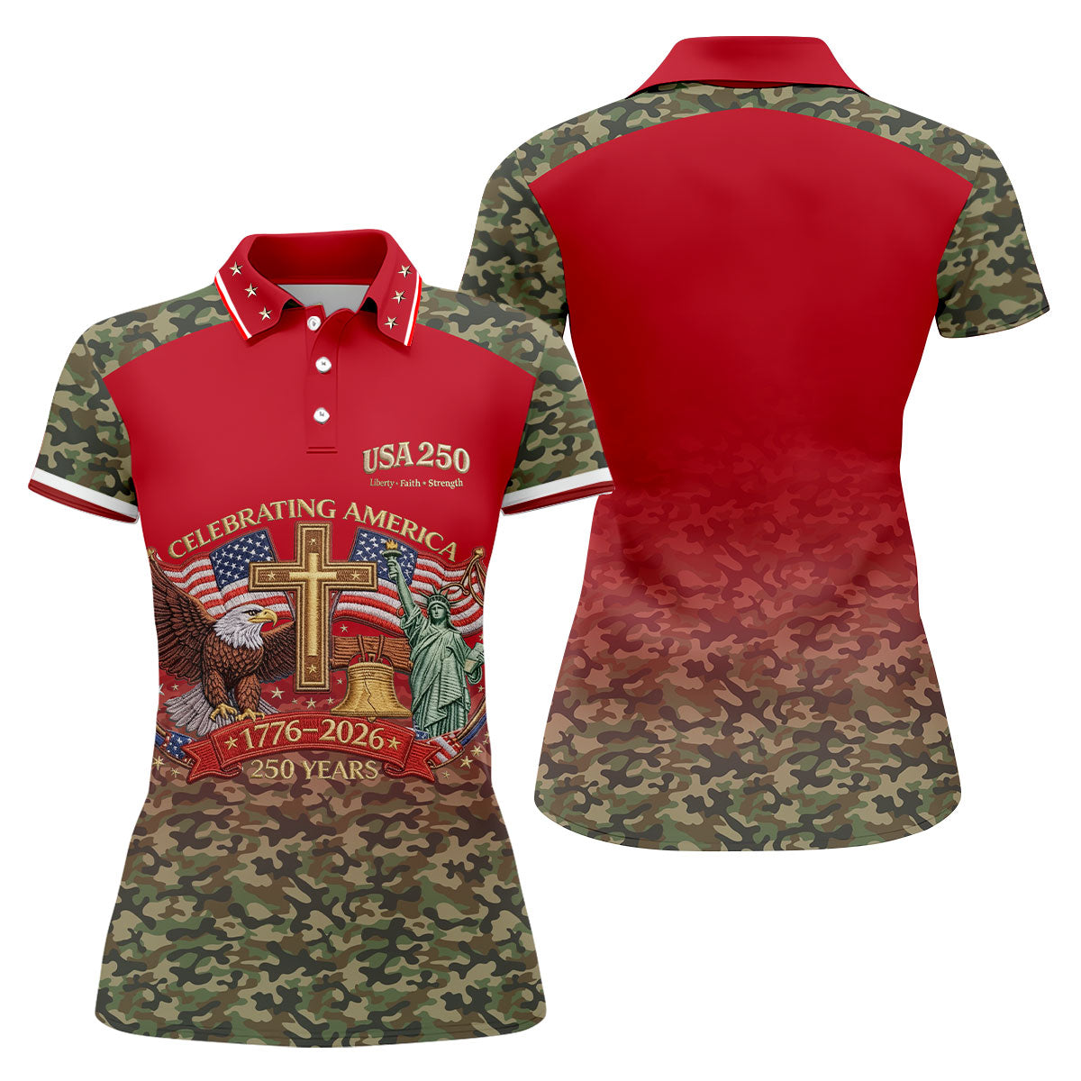 Liberty Faith Strength Faith Cross USA 250 Red Camo Golf Shirt, 4th Of July Golf Shirt For Women