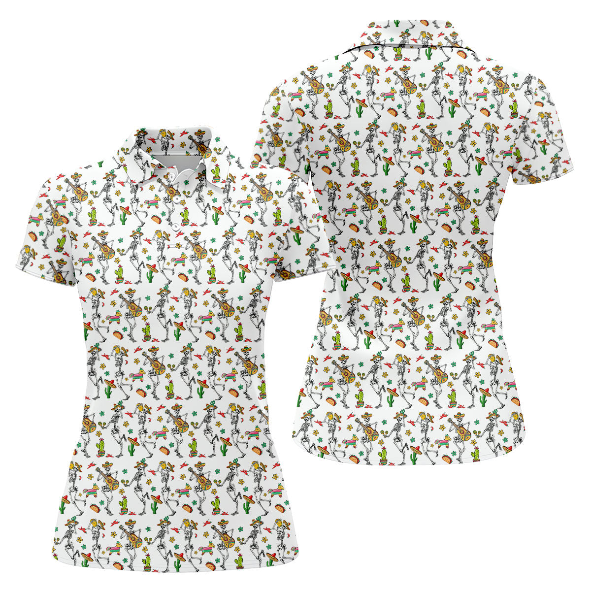 Dia De Muertos Skeletons Cinco De Mayo Celebration Fiesta Themed White Golf Shirt For Women