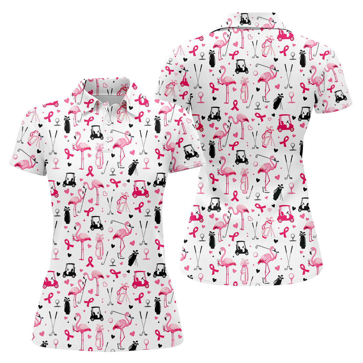 Pink Flamingo Golf Pattern Breast Cancer Polo Shirt, Ladies Golf Top, Women’s Golf Polo