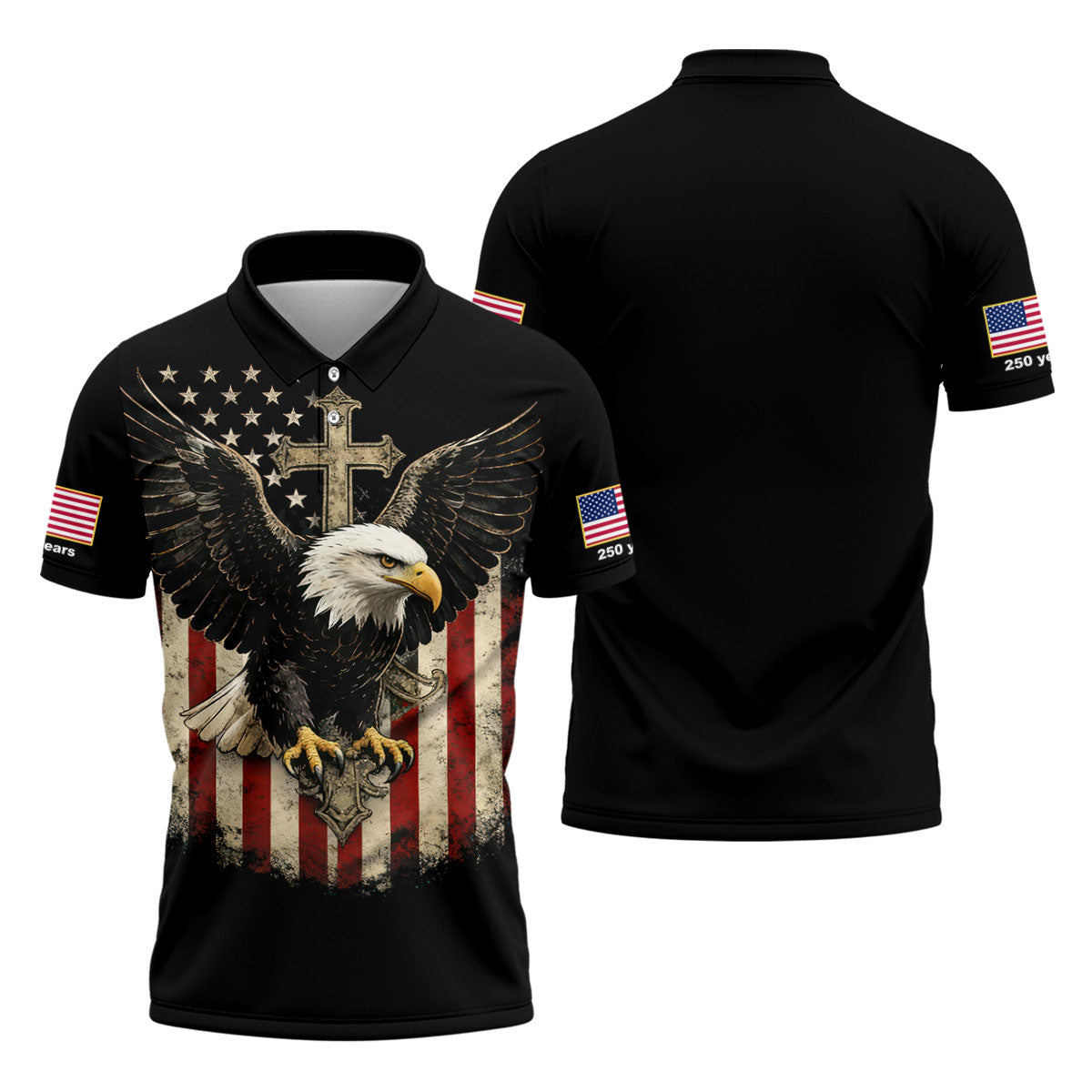 Faith Cross Bald Eagle And US Flag Black Golf Shirt, Patriotic 4th Of July Golf Shirts For Men