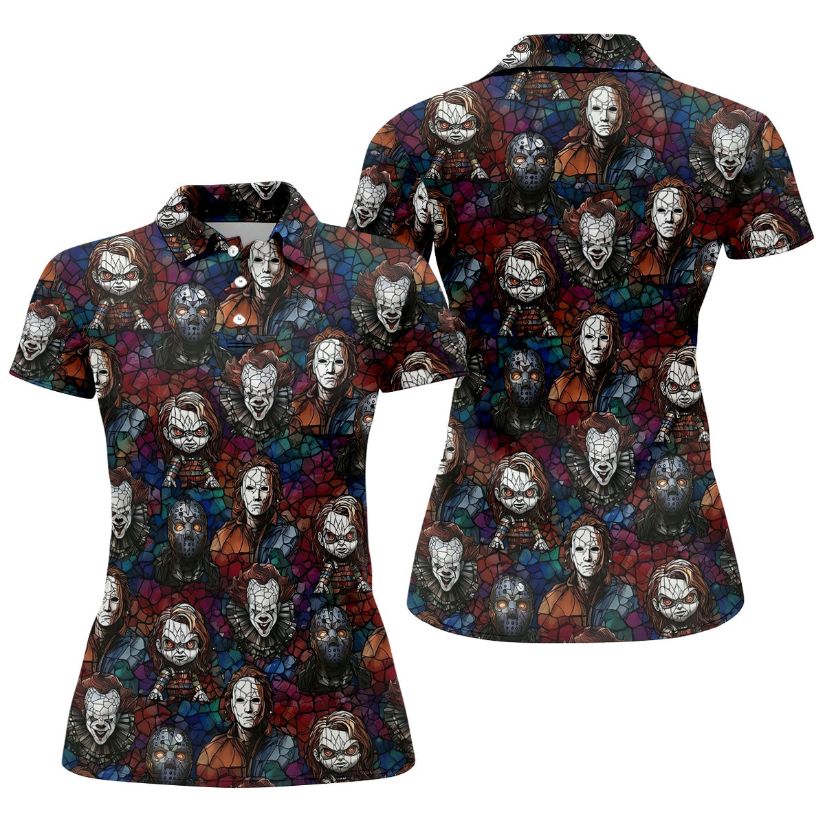 Stained Glass Horror Character Halloween Golf Shirt, Ladies Golf Shirts, Women’s Golf Polo