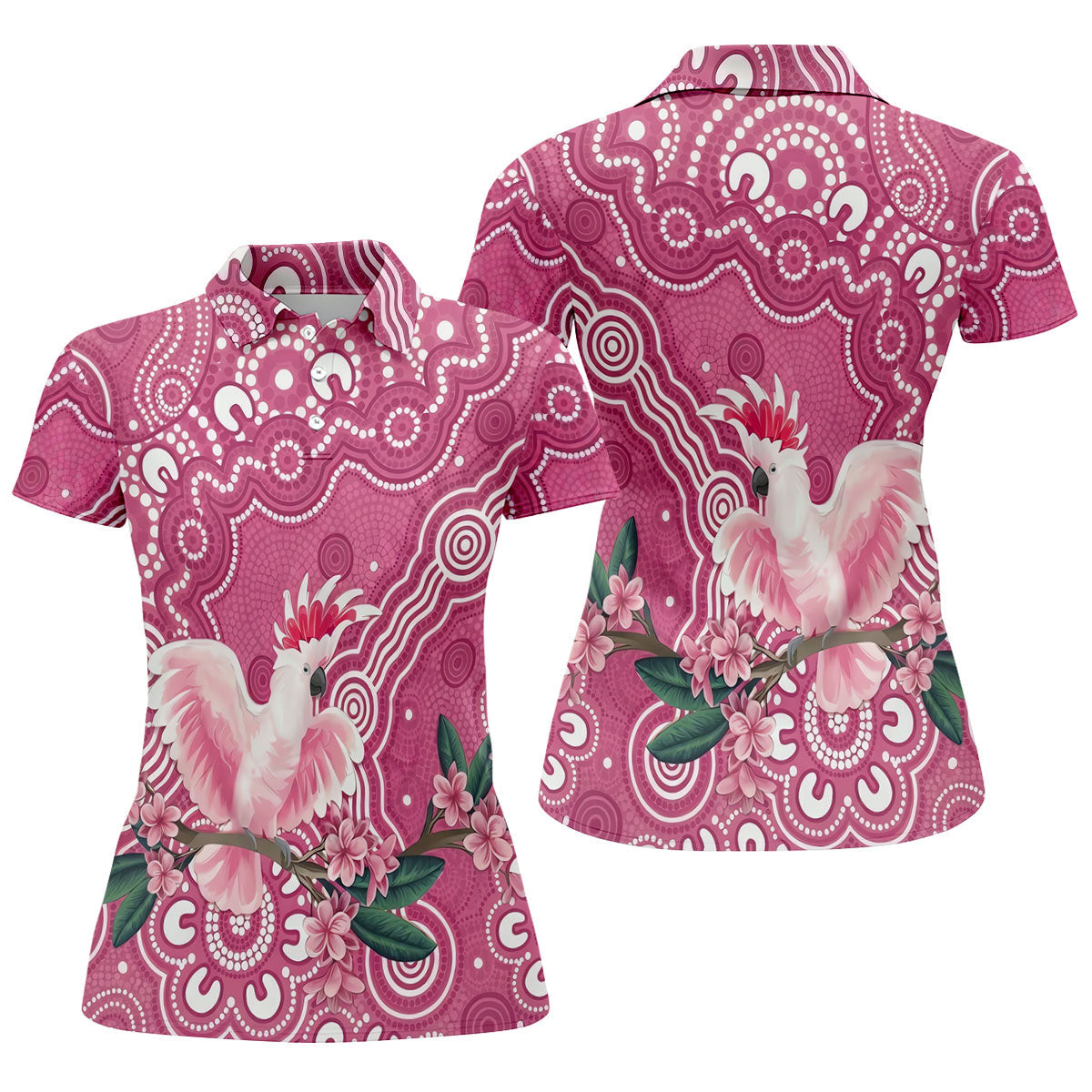 Pink Cockatoo Floral Aboriginal Art Polo Shirt, Hawaiian Golf Shirt, Golf Tops For Women