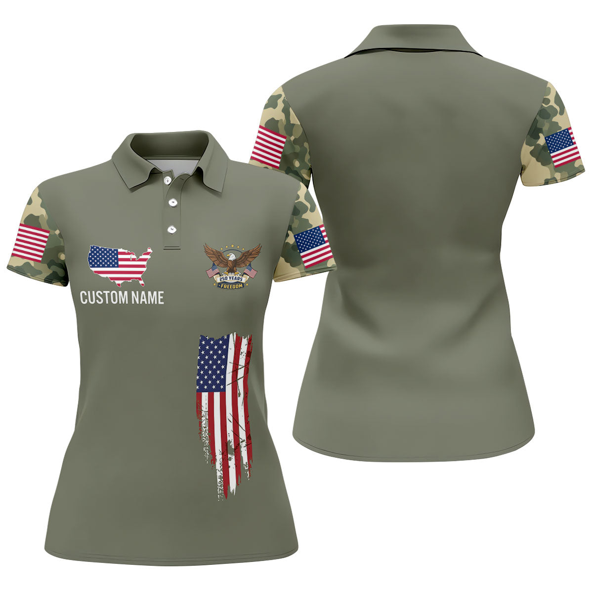 250 Years Freedom Eagle American Flag Camo Golf Shirt, Patriotic 4th Of July Golf Shirt For Women