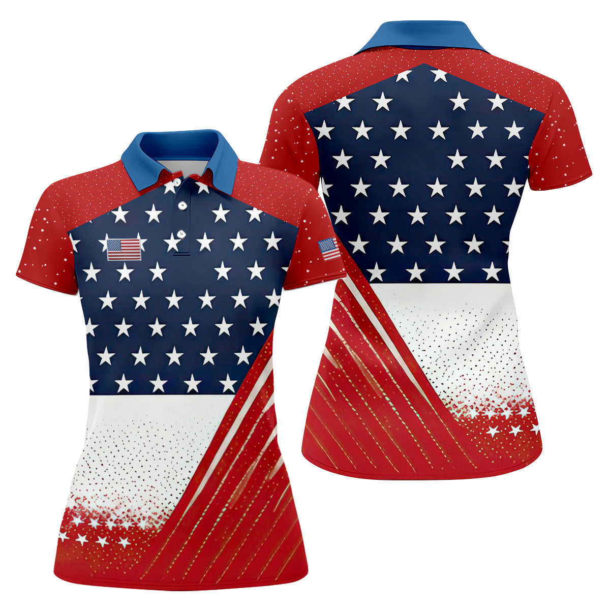 White Star Patriotic 4th Of July American Flag Golf Polo Shirt, Patriotic Golf Shirt, Golf Shirts For Women