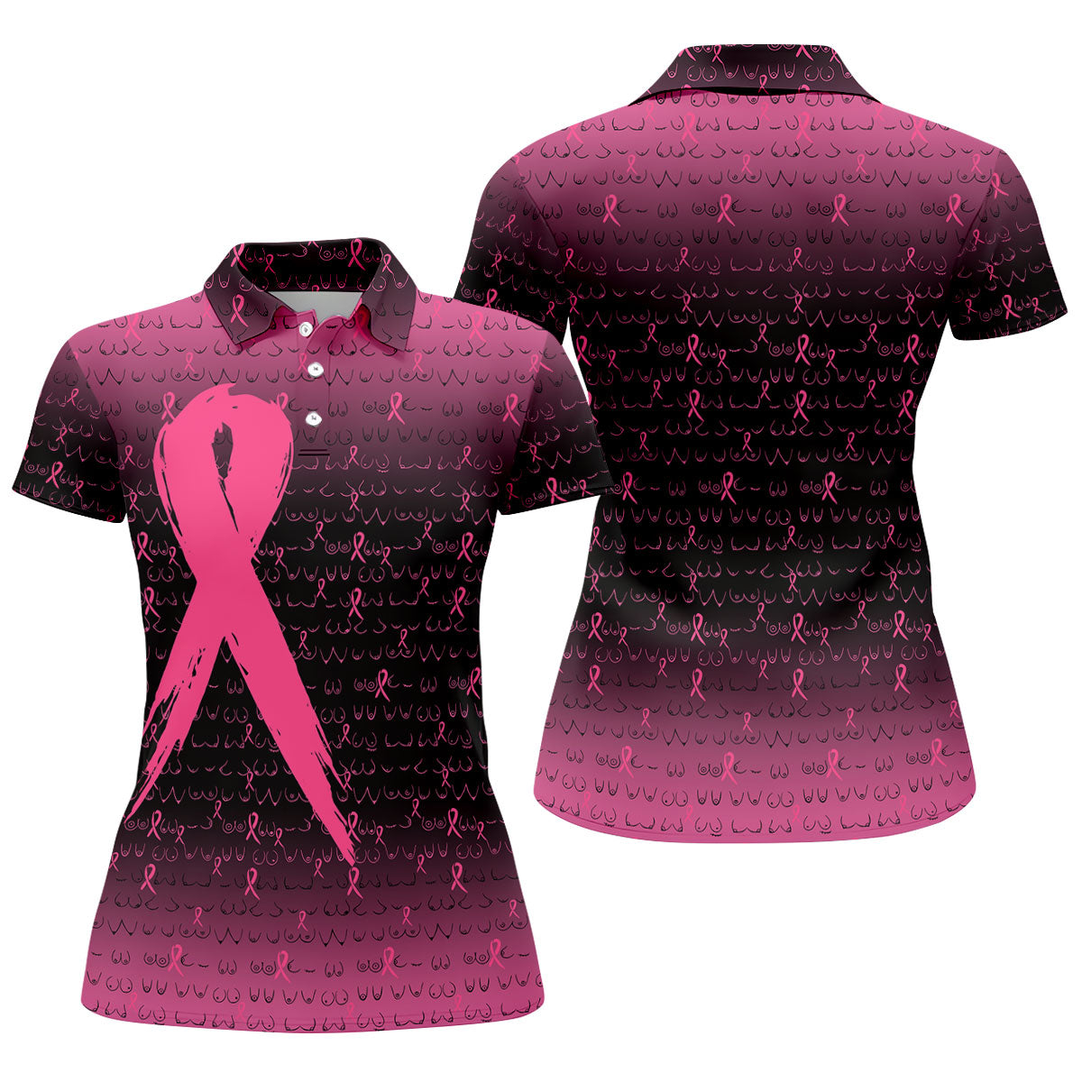 Pink Ribbon Boob Pattern Breast Cancer Polo Shirt, Ladies Golf Tops, Women’s Golf Polo