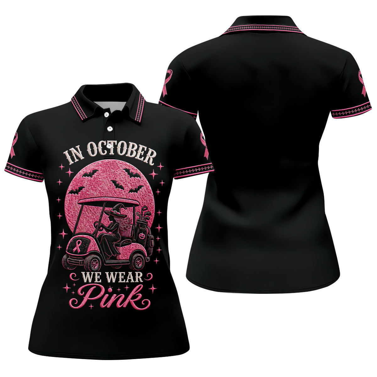 In October We Wear Pink Witch Breast Cancer Golf Polo Shirt, Golf Tops For Women