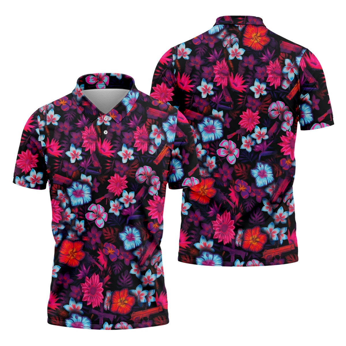 Colorful Hibiscus Tropical Floral Hawaiian Golf Shirt, Summer Vibe Golf Shirts For Men