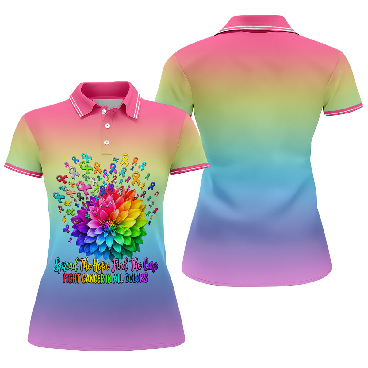Spread Hope Find The Cure Rainbow Cancer Polo Shirt, Women's Golf Polo, Ladies Golf Top