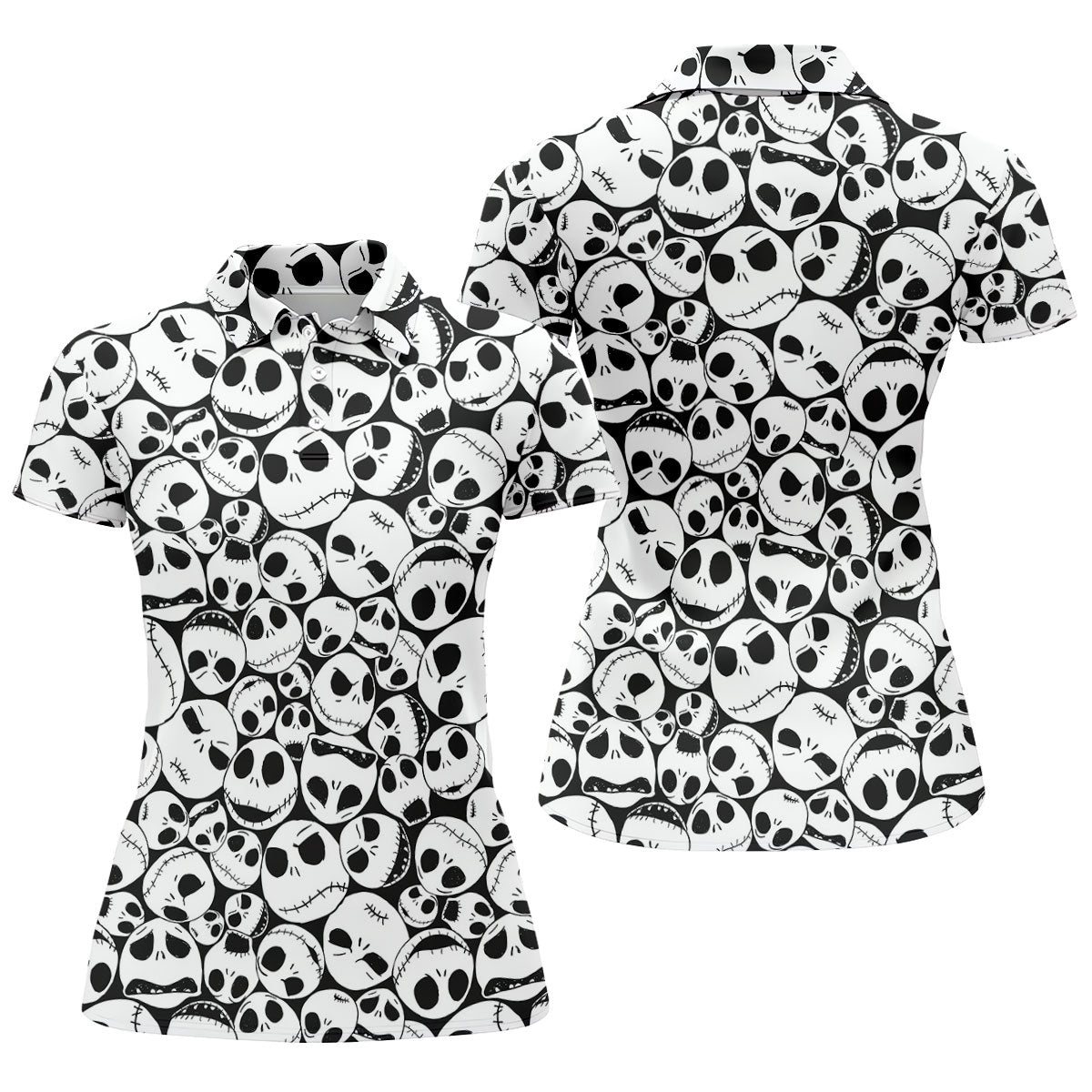 Horror Character Skull Face All Over Golf Polo Shirt, Women's Golf Apparel, Golf Shirts For Women