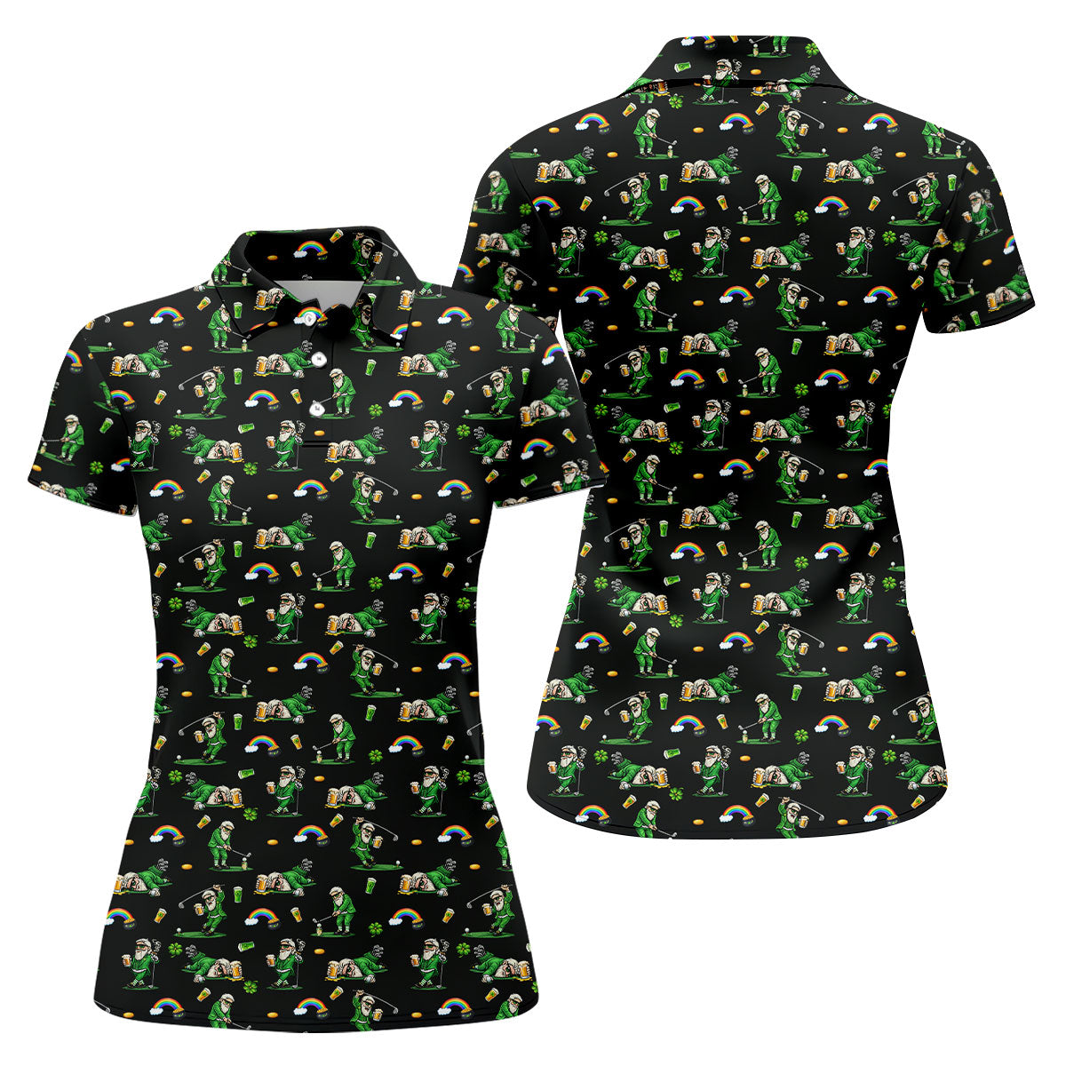 St Patrick's Day Leprechaun Character Golf And Beer Black Golf Shirt, Fun Women's Golf Shirts, Ladies Golf Polos