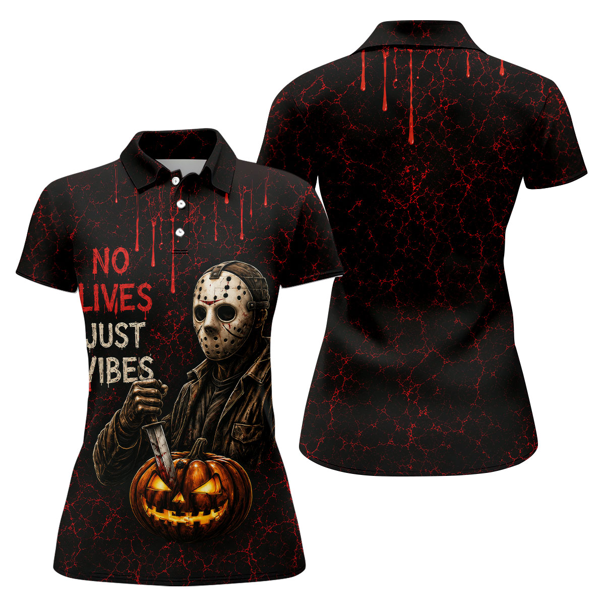 No Lives Just Vibes Halloween Horror Character Shirt, Golf Shirts For Women, Printed Golf Shirt