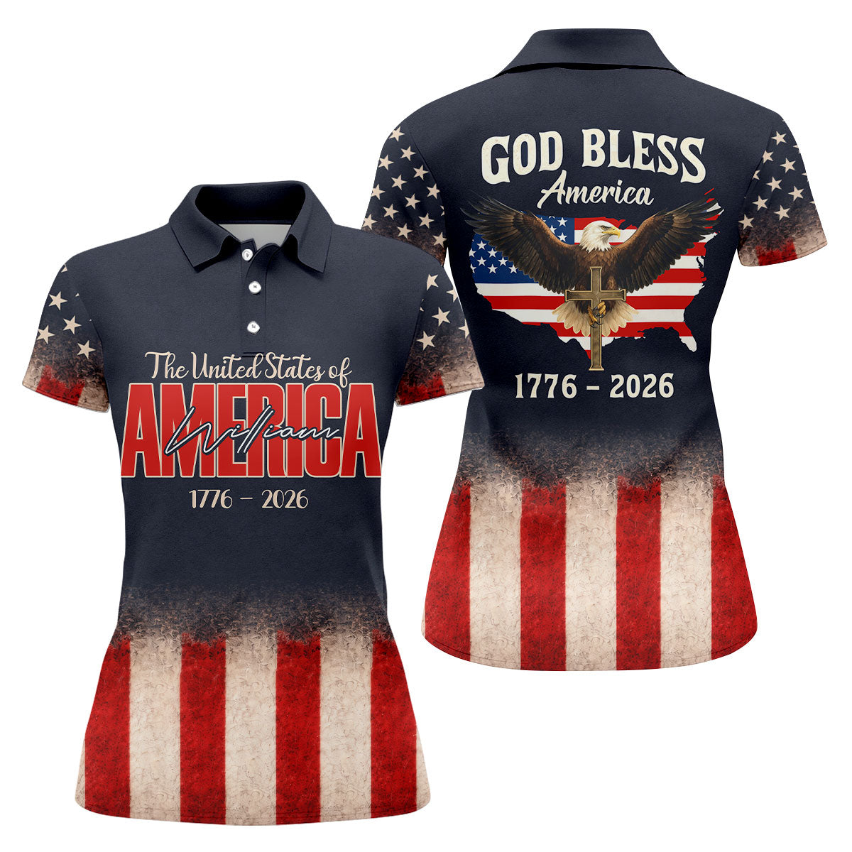 God Bless America Faith Cross Bald Eagle Patriotic Golf Shirt, 250 Years Golf Shirt For Women