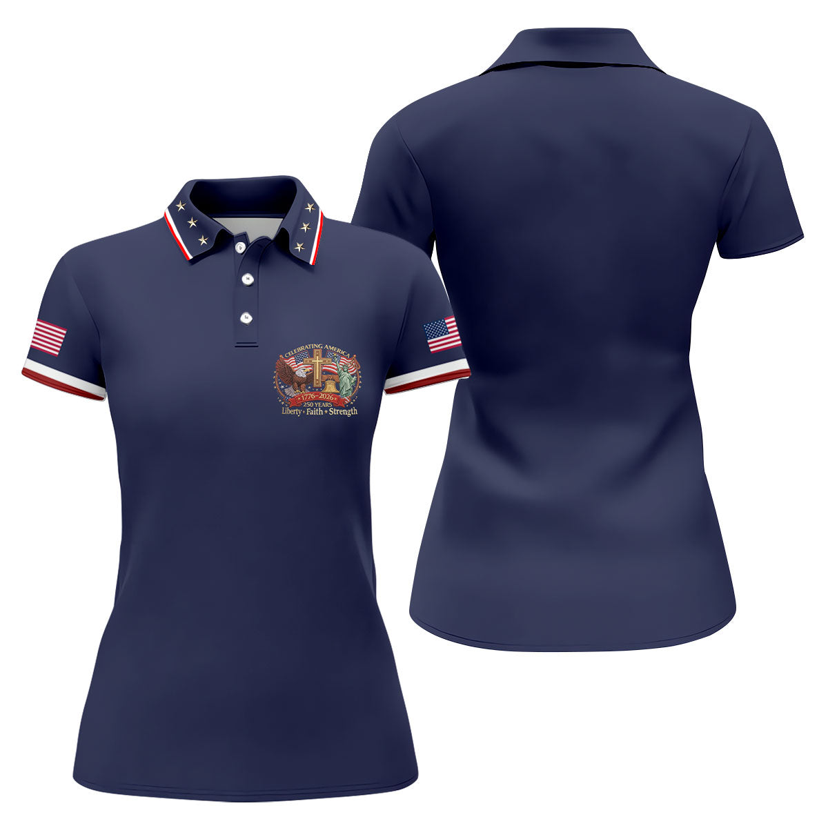 Liberty Faith Strength Faith Cross USA 250 Navy Golf Shirt, 4th Of July Golf Shirt For Women