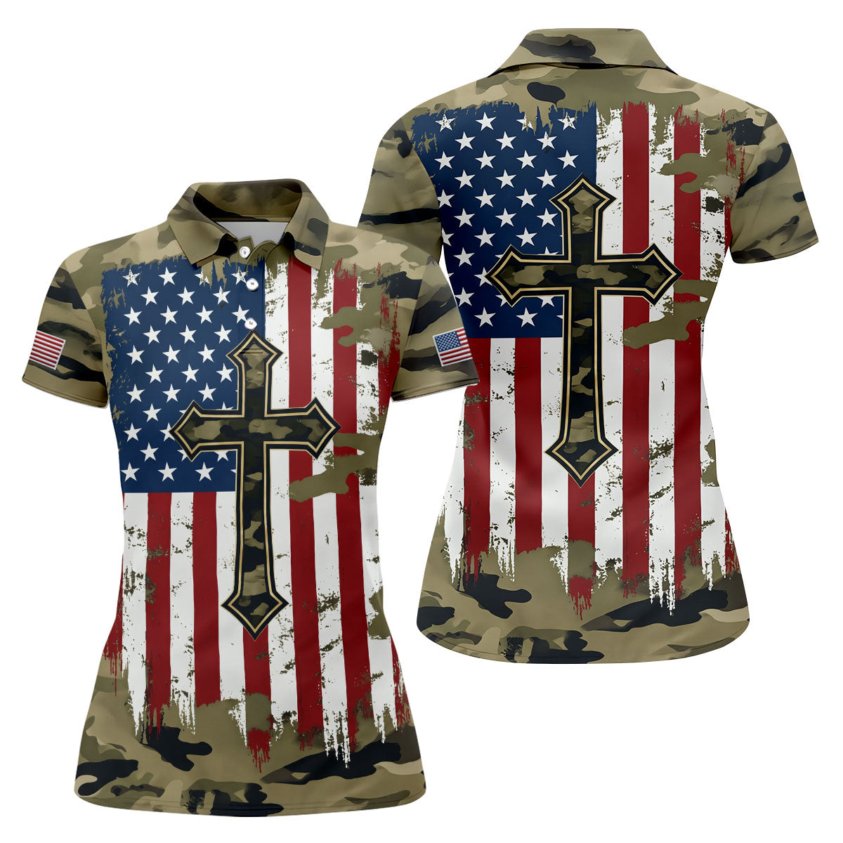 Faith Cross Green Camouflage US 250th Anniversary Golf Shirt, Patriotic Golf Shirt, Golf Shirts For Women