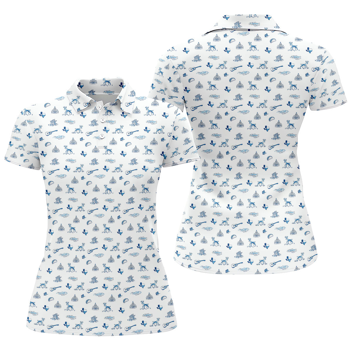 White Texas Icons Pattern Golf Polo Shirt, Hawaiian Golf Shirt, Women's Golf Apparel