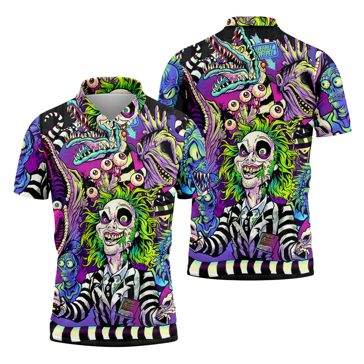 Neon Horror Character Monster Collage Golf Polo Shirt, Mens Polo Shirts, Golf Apparel For Men
