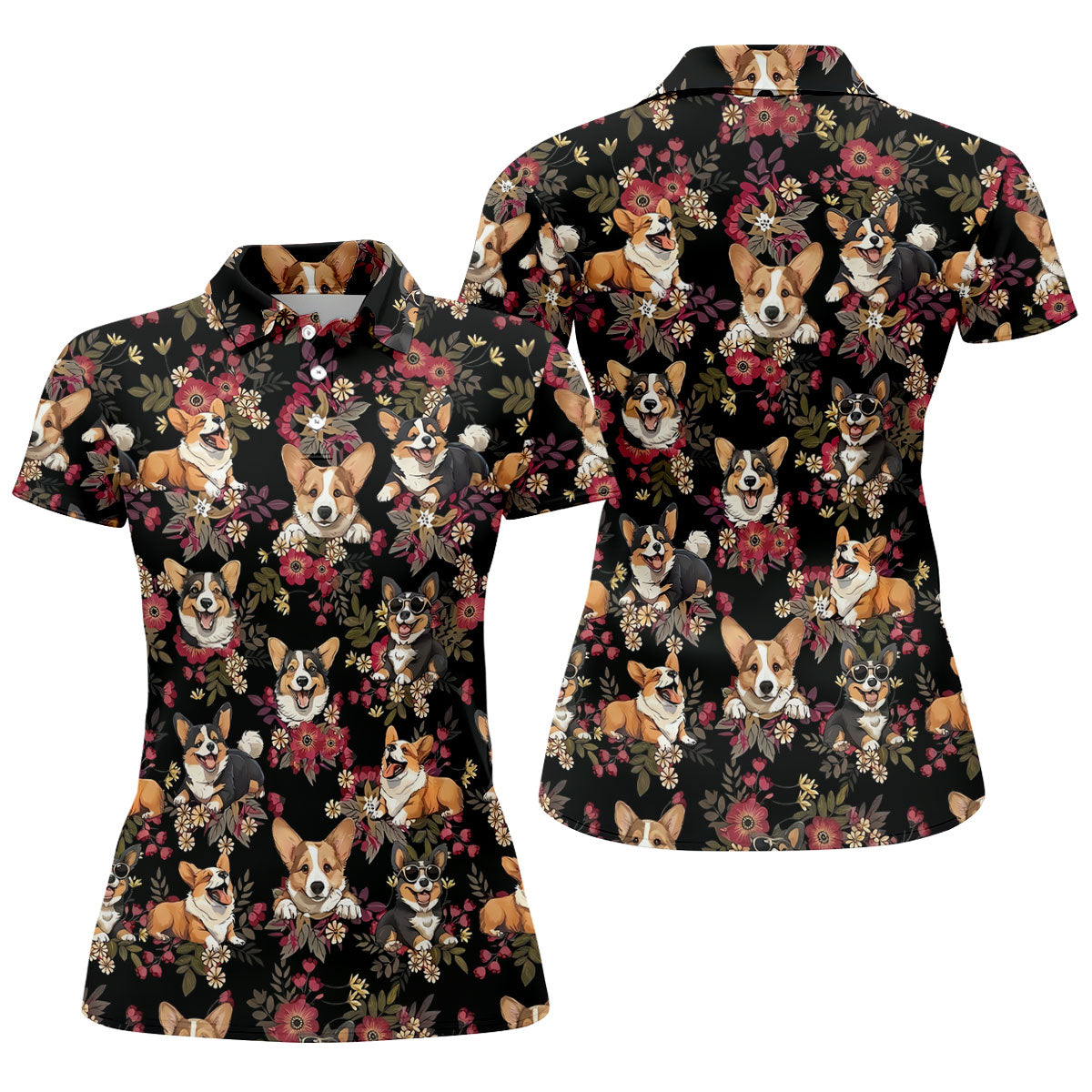 Cute Corgi Floral Hawaiian Pattern Polo Shirt, Womens Golf Polo, Funny Golf Shirt