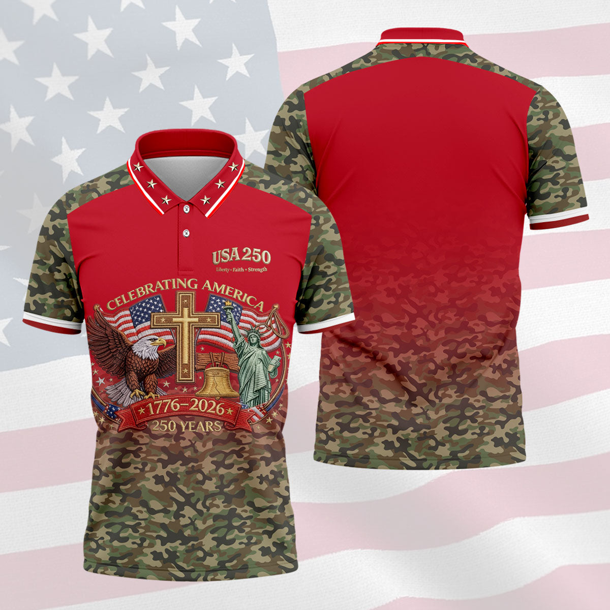 Liberty Faith Strength Faith Cross USA 250 Red Camo Golf Shirt, 4th Of July Golf Shirts For Men