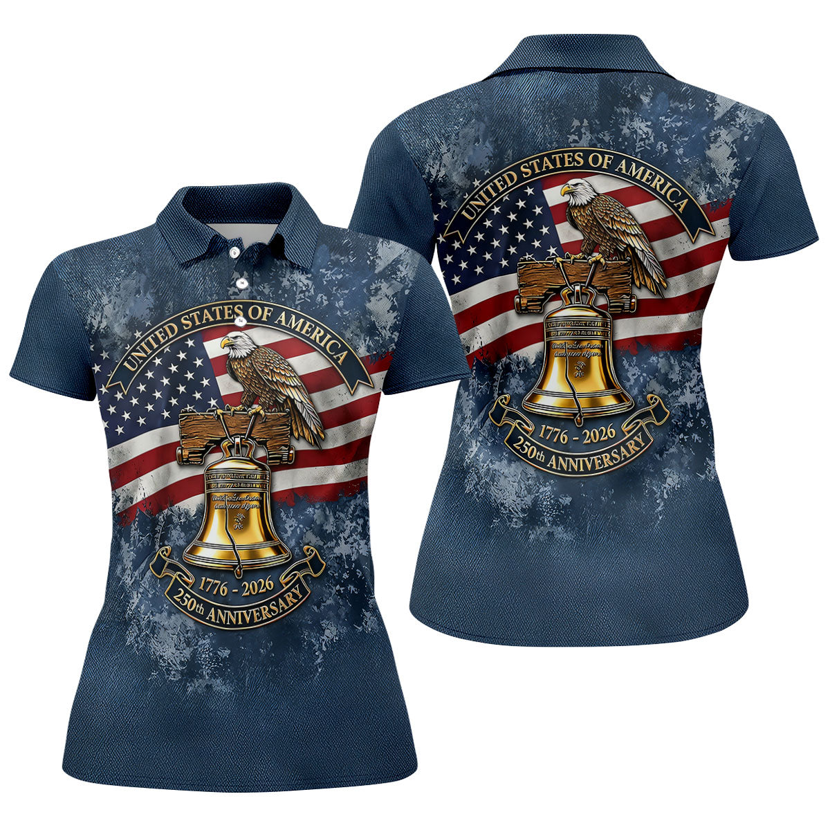 Patriotic Bald Eagle Liberty Bell Distressed Golf Shirt, 250 Years 4th Of July Golf Shirt For Women