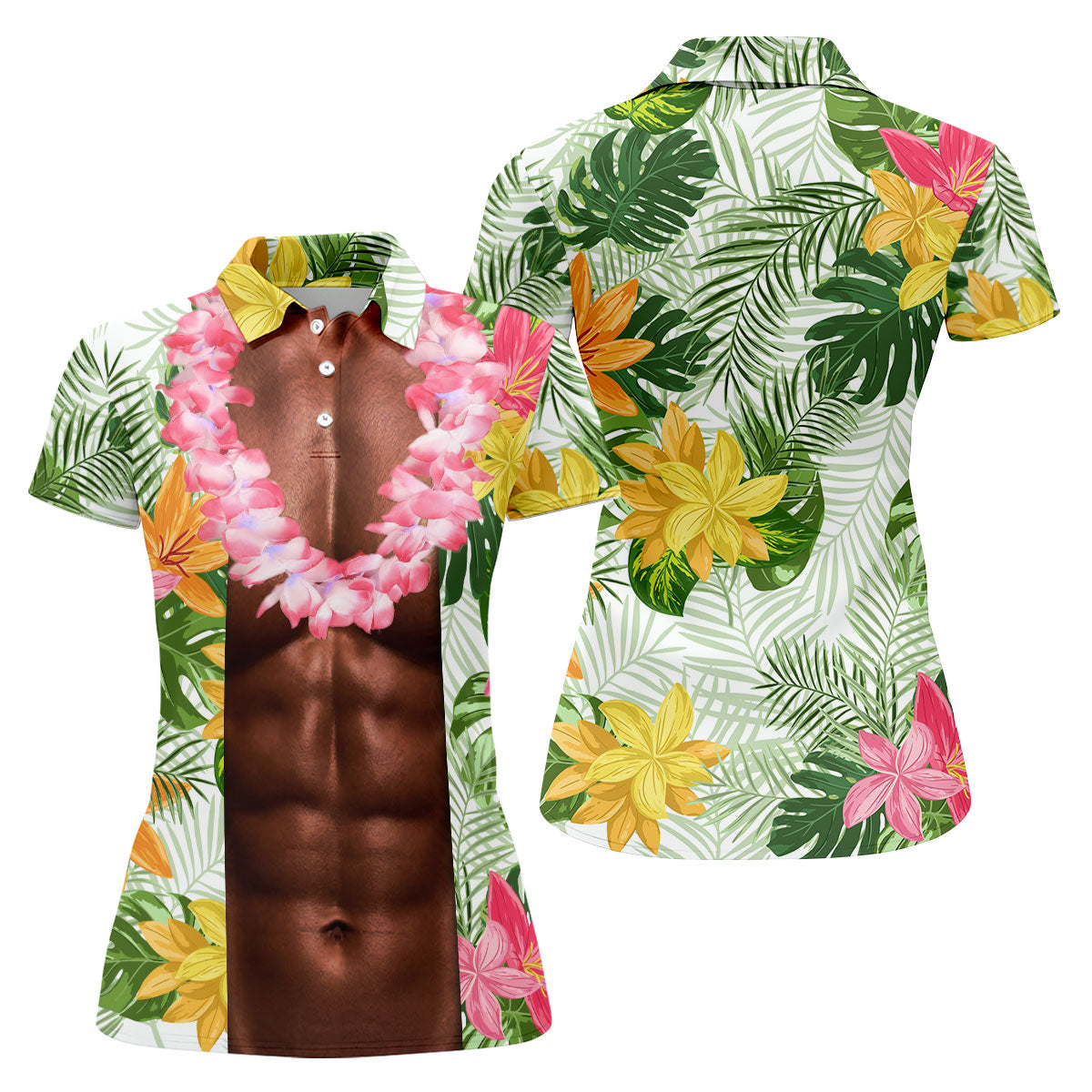Tan Skin Tropical Muscle Chest Hawaiian Golf Polo Shirt, Women's Golf Tops, Performance Golf Shirt