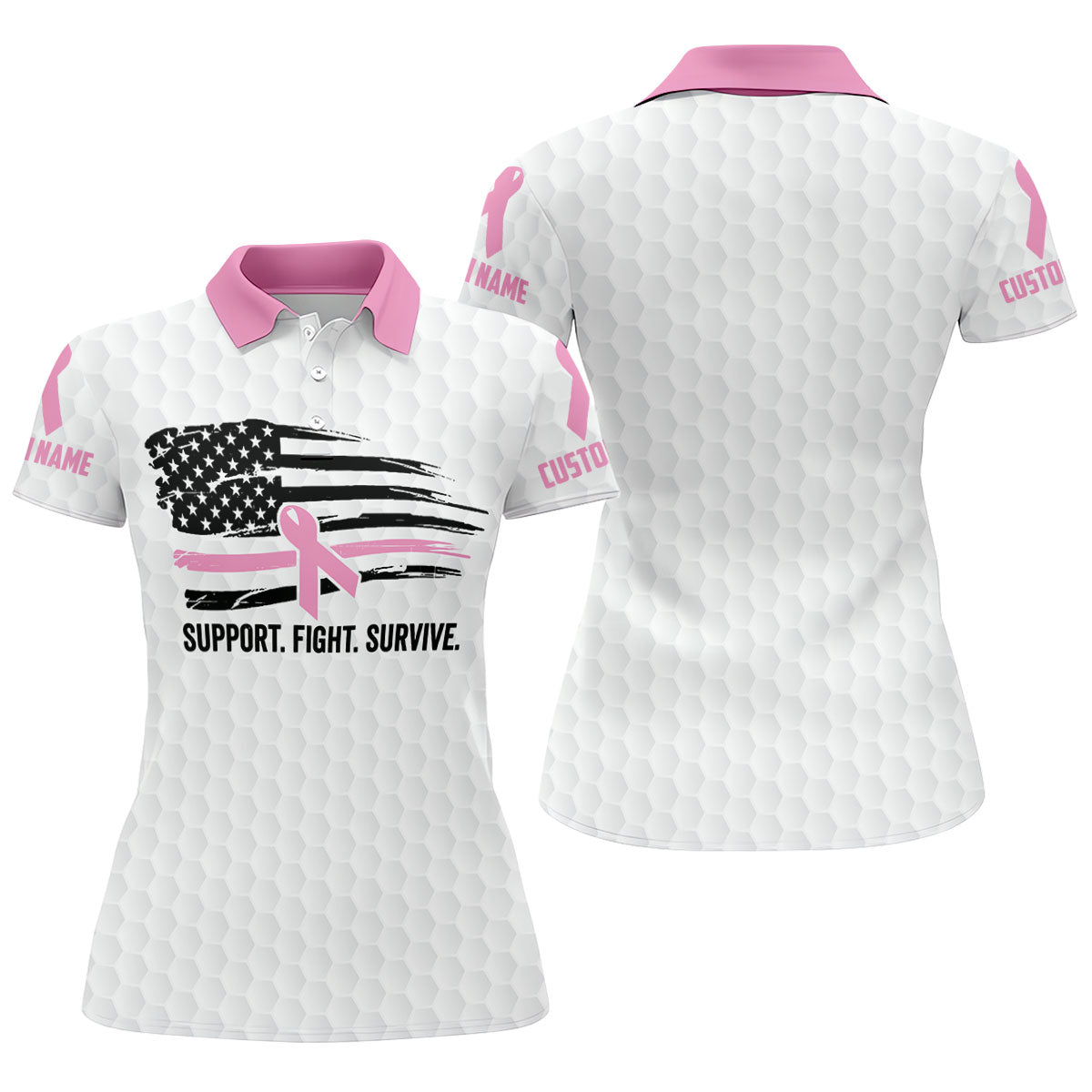 Custom Support Fight Survive Breast Cancer Polo Shirt, Ladies Golf Tops, Women’s Golf Polo