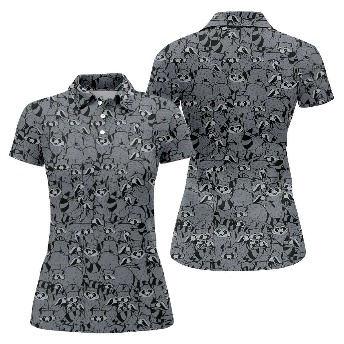 Gray Cartoon Raccoon Pattern Golf Polo Shirt, Golf Shirts For Women, Women's Golf Polo