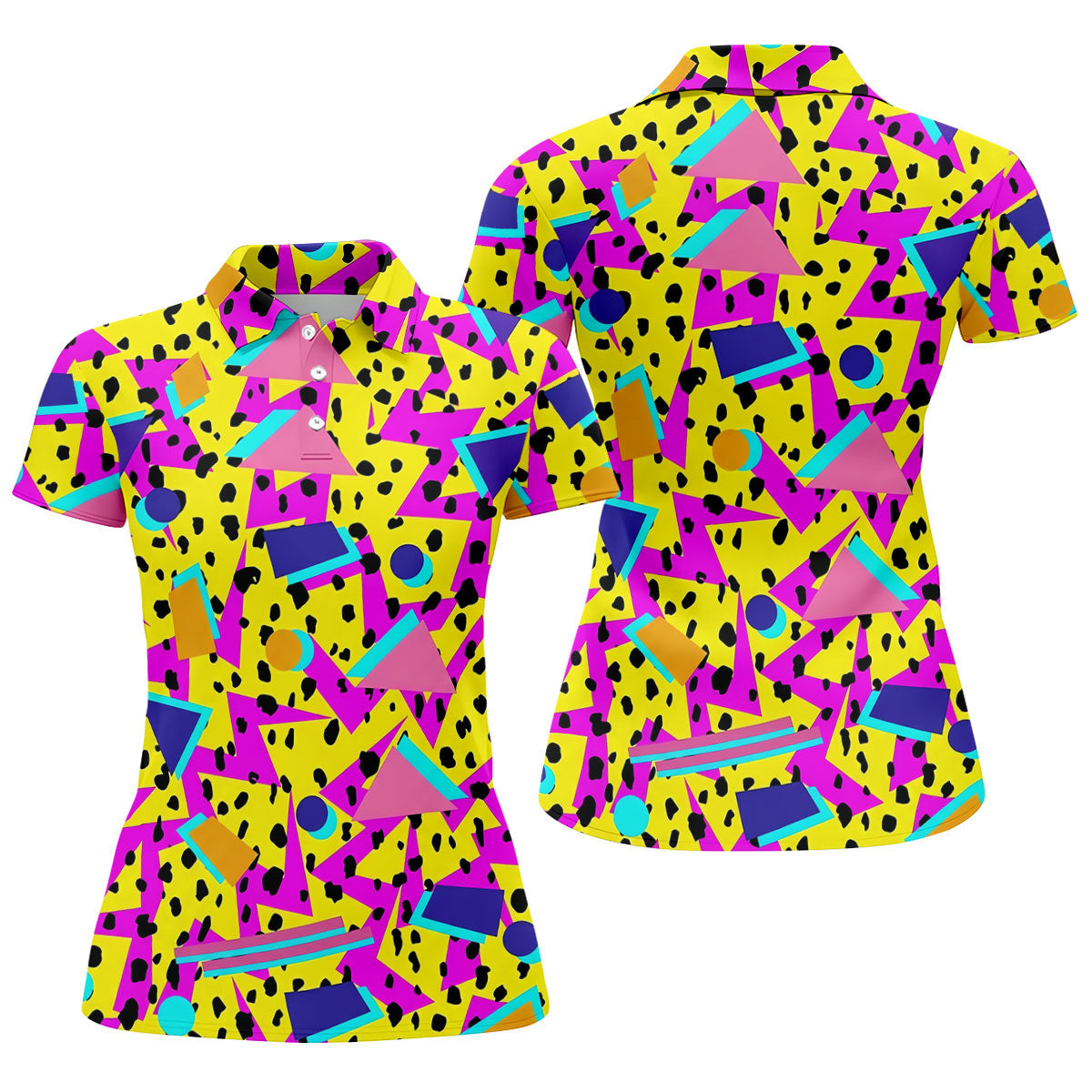 Retro Neon Geometric Shapes Yellow Golf Shirt, Ladies Golf Tops, Golf Polo For Women, Women’s Golf Apparel