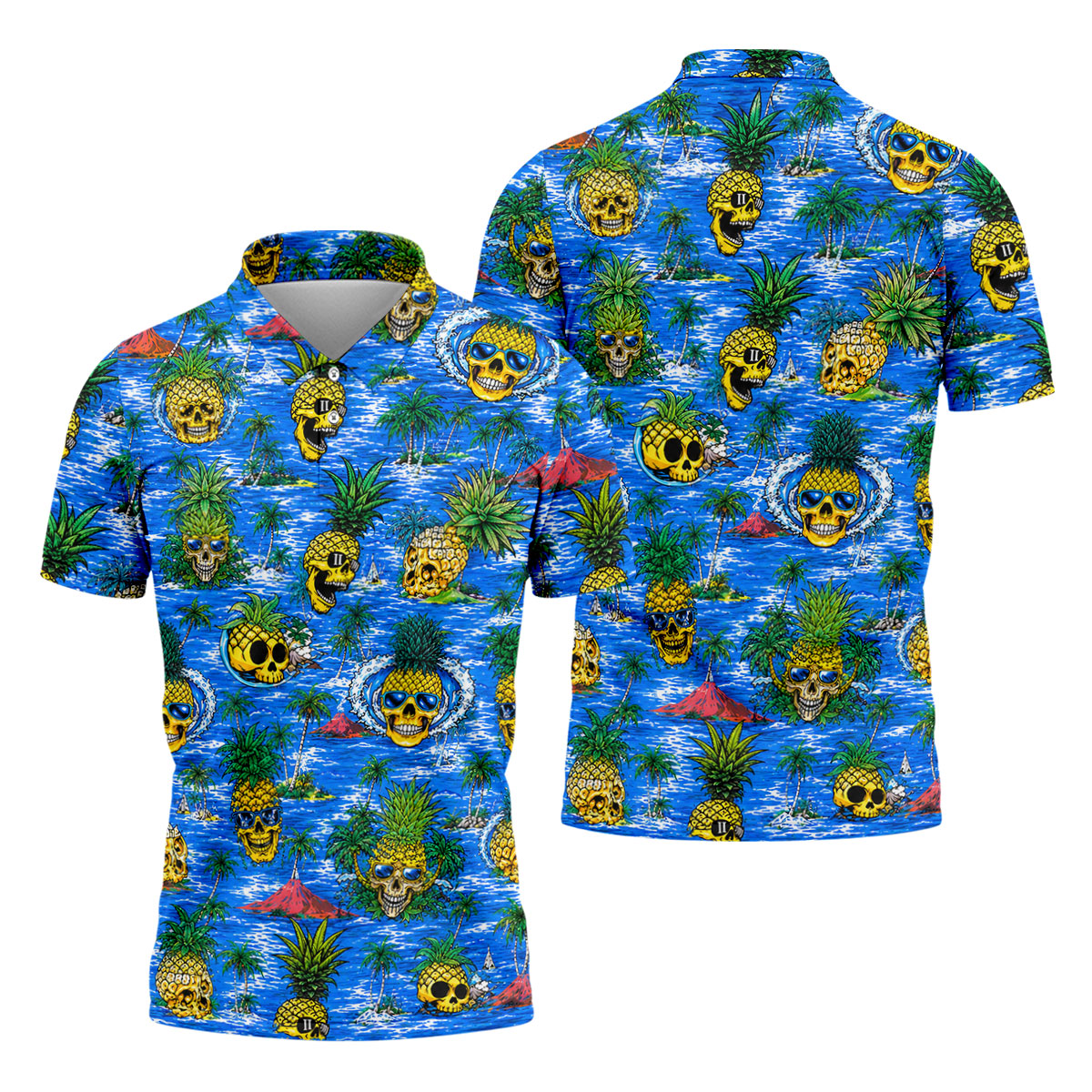 Pineapple Skull Golf Shirt, Tropical Island Volcano Pattern, Golf Shirt For Men
