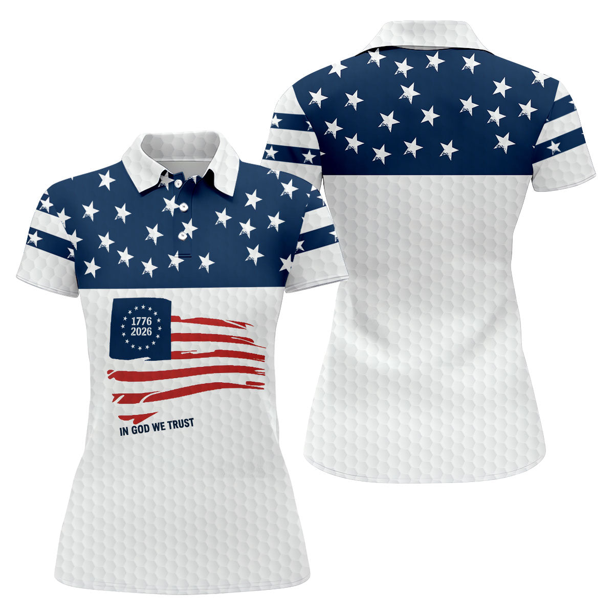 In God We Trust Golf Ball Pattern US Flag Golf Shirt, 250 Years 4th Of July Golf Shirt For Women