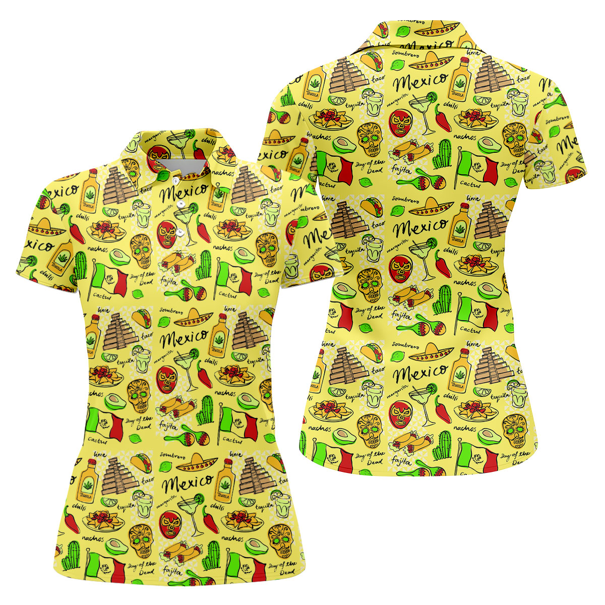 Mexican Cultural Symbols Day Of The Dead Ladies Golf Tops, Cinco De Mayo Celebration Golf Shirt For Women